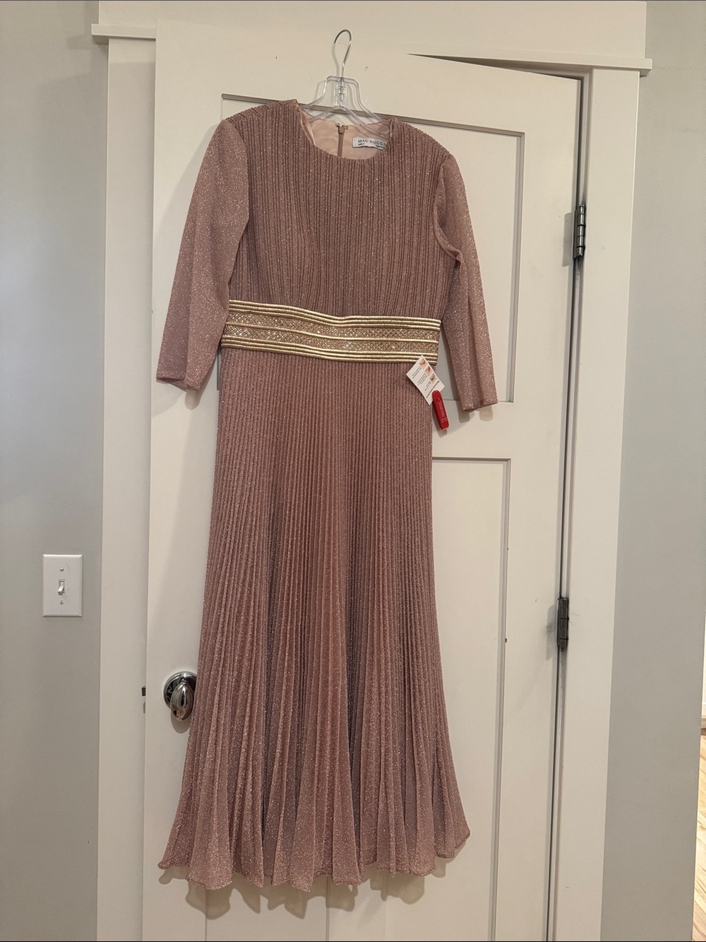 Mac Duggal Rose Gold Beaded Waist Pleated Evening Gown